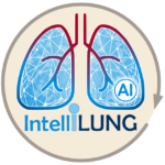 Logo IntelliLung - light brown circle with light blue lung, writing IntelliLun on bottom