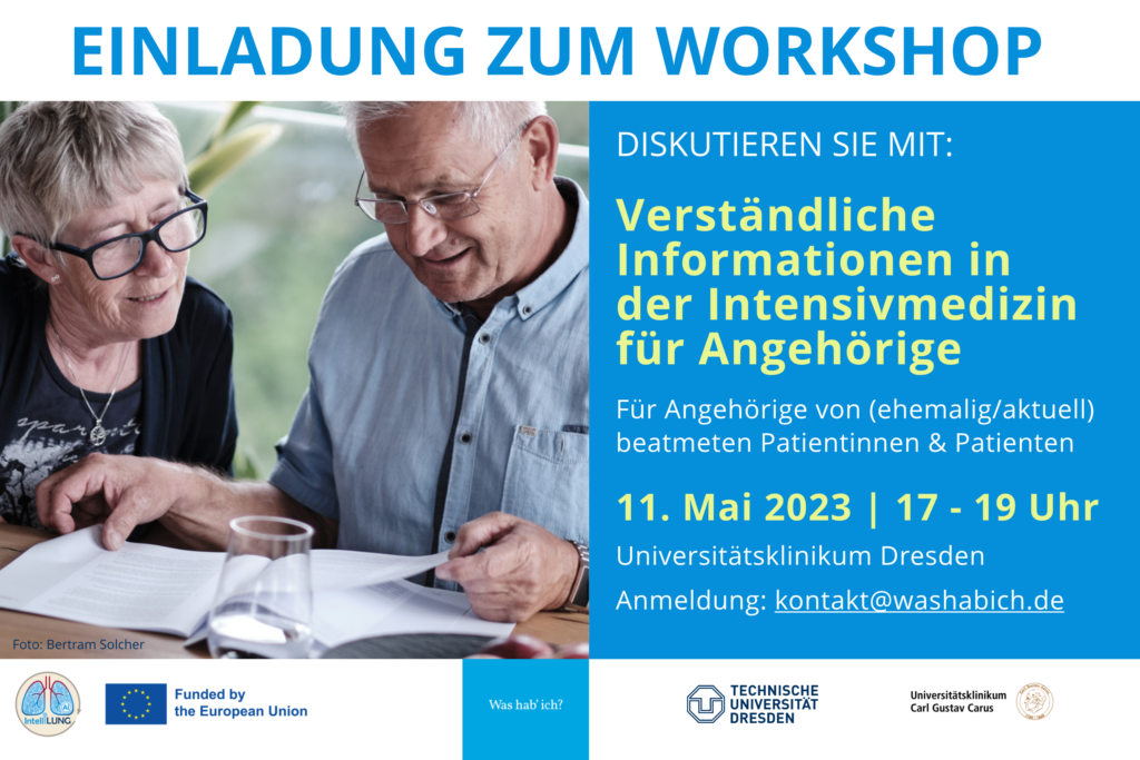 Info about the workshop on the right, on the left picture of older couple reading a document
